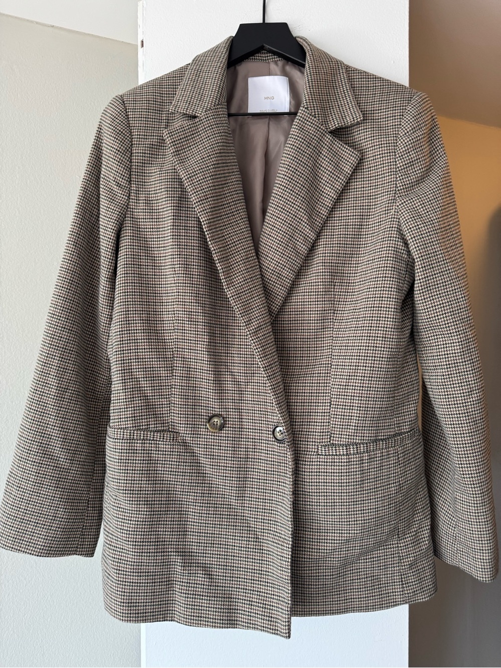 Mango Checked Double-Breasted Blazer Jacket in Beige